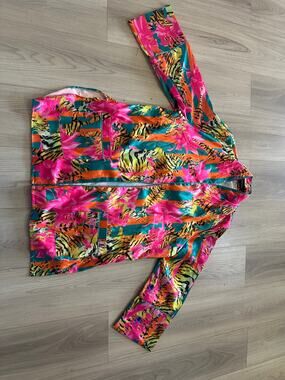 Loragal Tiger Print Satin Button Up Shirt Jacket Neon Pink Orange Teal XL